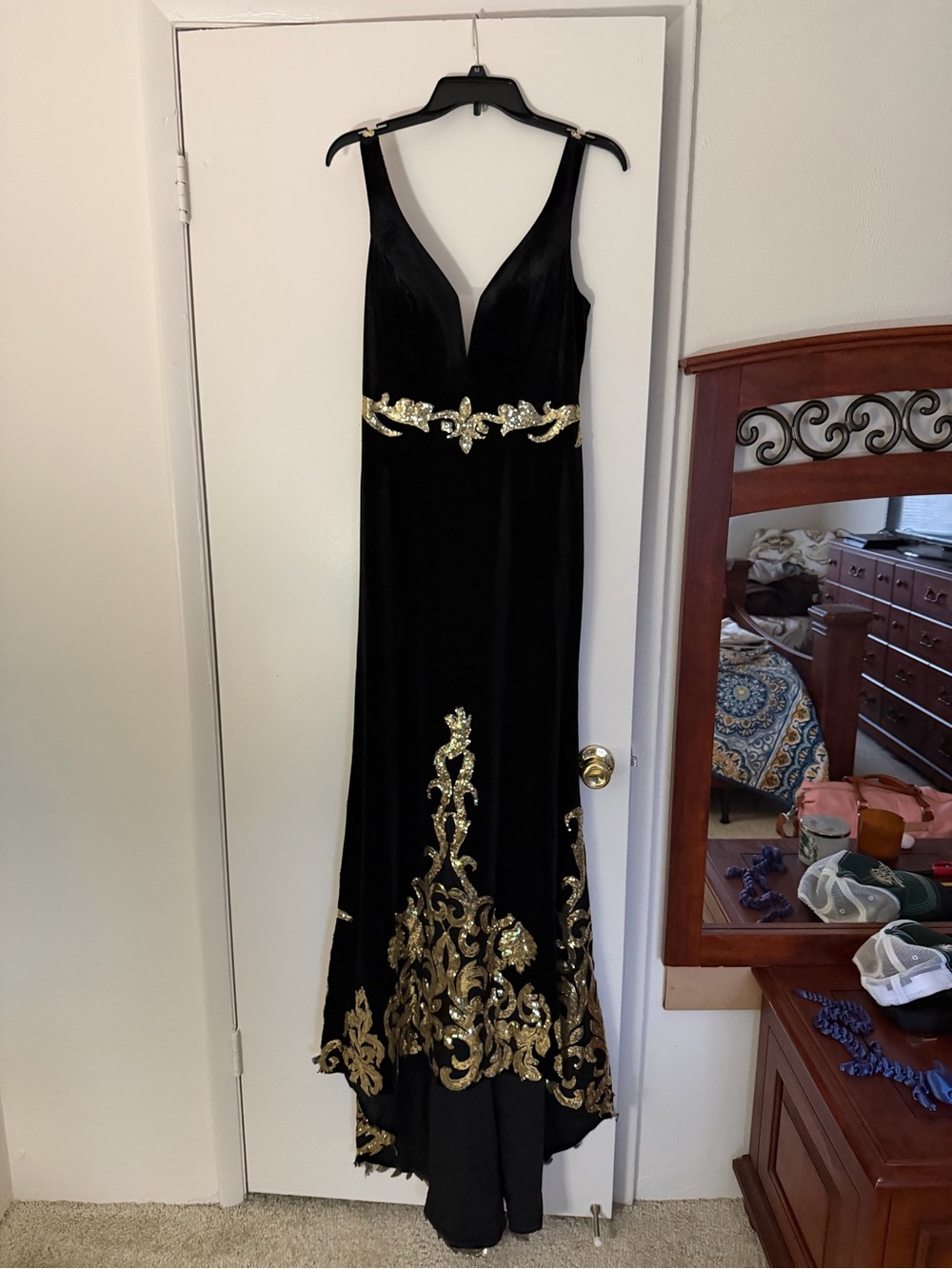 JJs House Black Velvet Evening Gown with Gold Embellishments - Picture 4 of 6